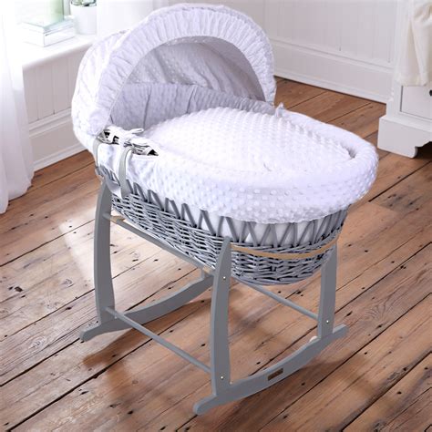 Grey Wicker/white dimples Moses Basket & Rocking stand - Leith Pram Centre