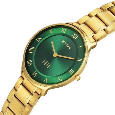 Buy Online Titan Edge Gleam Quartz Analog Green Dial Golden Stainless ...