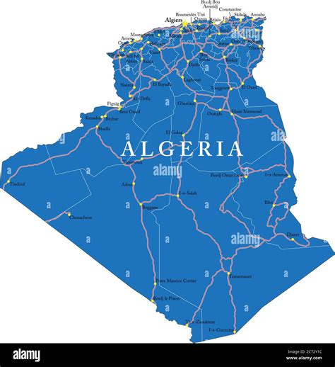 Highly detailed vector map of Algeria with administrative regions, main cities and roads Stock ...