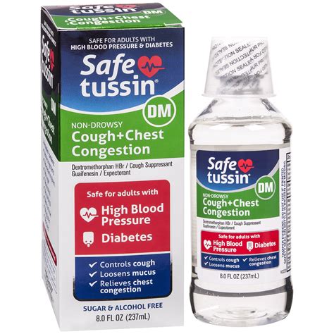 Safetussin DM Cough+Chest Congestion, Cough and Cold, for High Blood Pressure & Diabetes, 8 oz ...
