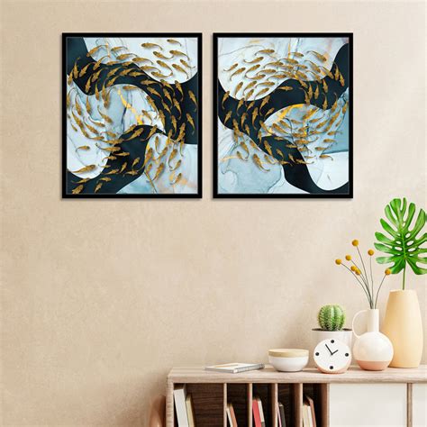 Blue & Golden Abstract Theme Set of 2 Framed Canvas Art Print Painting ...