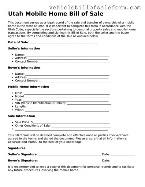 Access Utah Mobile Home Bill of Sale Template ≡ Motor Vehicle Bill of Sale