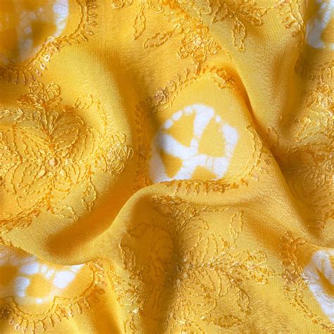 (CUT PIECE) Bright Yellow Sequence Embroidered Batik Printed Pure Crep ...