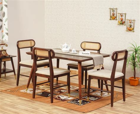 Boston Solid Wood Rattan Cane Dining Table Four Seater Set