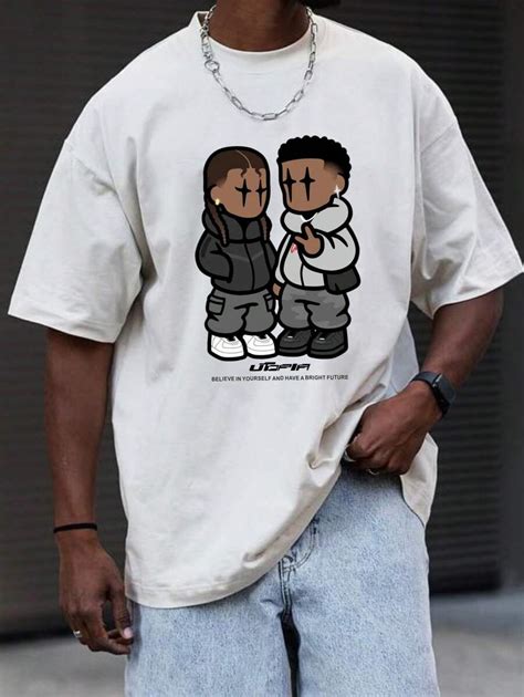 Men's Cartoon & Letter Graphic Drop Shoulder Sleeve T-Shirt | SHEIN USA