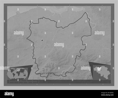 Oost-Vlaanderen, province of Belgium. Grayscale elevation map with lakes and rivers. Corner ... - elevation map of belgium