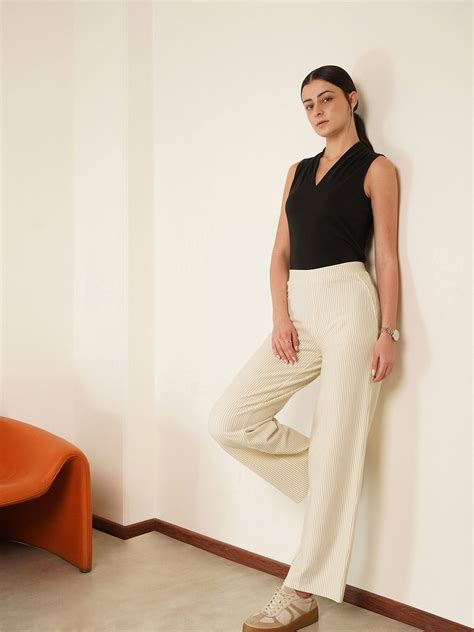 Buy Off White LivIn Striped Wide Leg Formal Pants Online | FableStreet