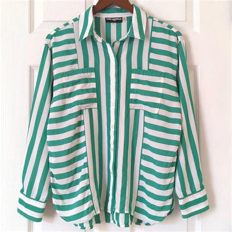 Karl Lagerfeld Women's Green and White Shirt | Depop