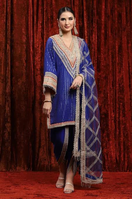 Buy Blue Cotton, Silk, Chanderi, Net Gota Patti, Dori Straight Kurta ...