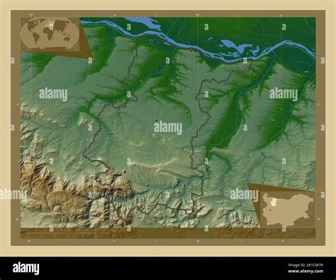 Vratsa, province of Bulgaria. Colored elevation map with lakes and rivers. Locations of major ...