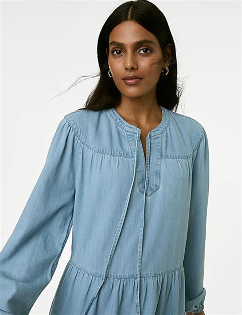 Buy Denim Tie Neck Puff Sleeve Mini Tiered Dress at Marks & Spencer