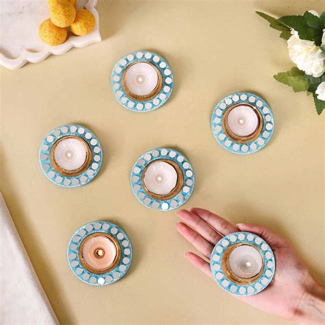 Set Of 6 Blue Mirrorwork Tea Light Candle Holders Online - Premium ...