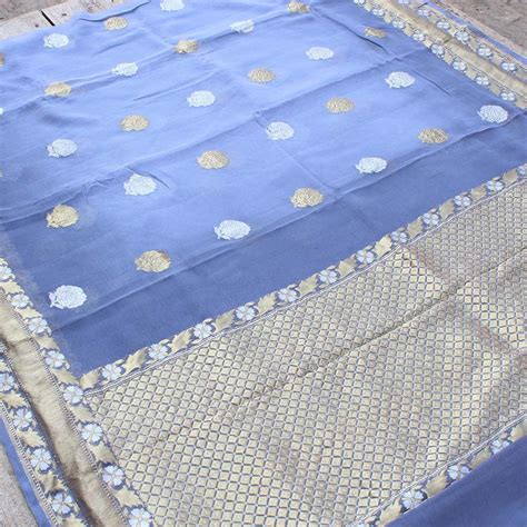 Blue-Grey Ombre Pure Chiffon Georgette Banarasi Handloom Saree - Tilfi
