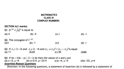 MATHEMATICS CLASS XI COMPLEX NUMBERS SECTION A & B QUESTIONS - Studocu