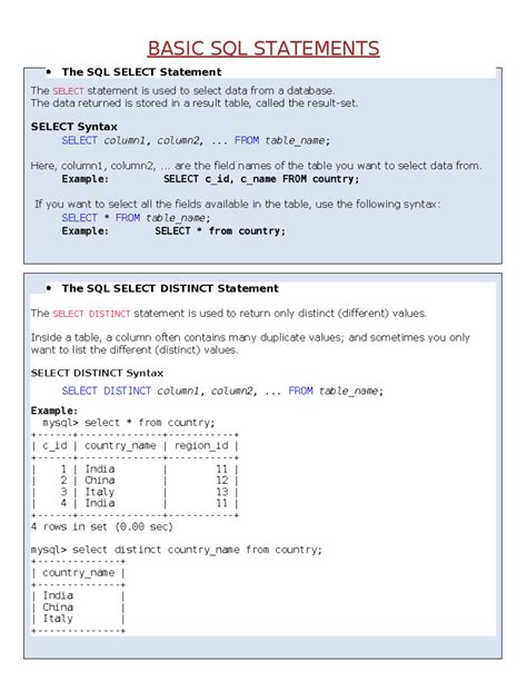 Basic SQL Statements - BASIC SQL STATEMENTS The SQL SELECT Statement ...
