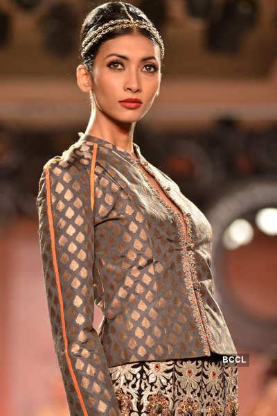 A model showcases a creation by designer JJ Valaya on Day 1 of the ...