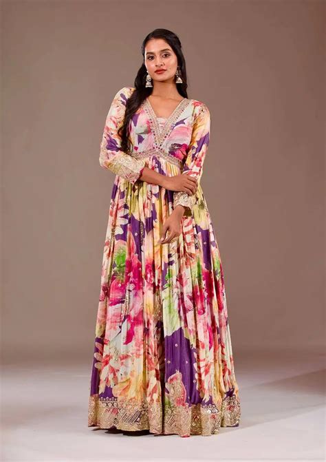 Floral Print Chinon Silk Anarkali Gown | Hansh Couture