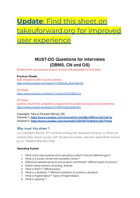 SDE-Sheet (Core): Key Interview Questions for DBMS, CN, and OS - Studocu