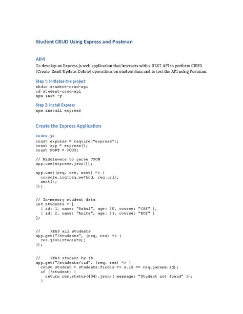 Student CRUD Operations with Express.js and Postman Guide - Studocu