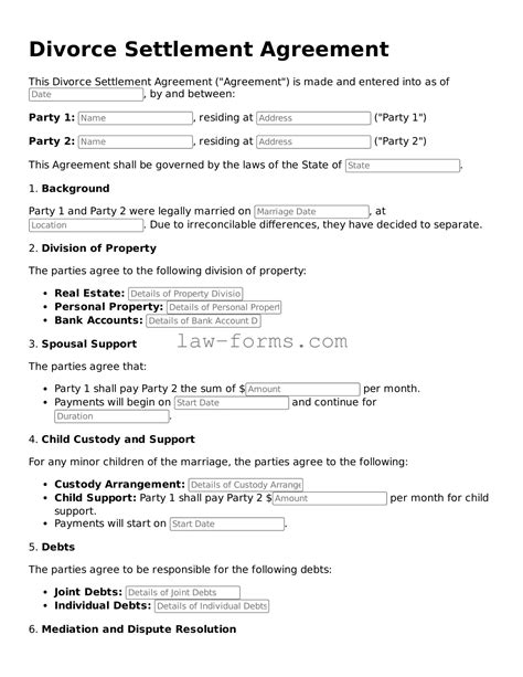 Printable Divorce Settlement Agreement Template – Legal Forms