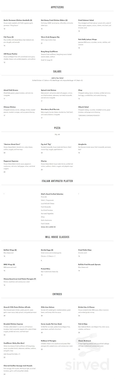Menu - Poughkeepsie NY's Mill House Brewing Company | Sirved
