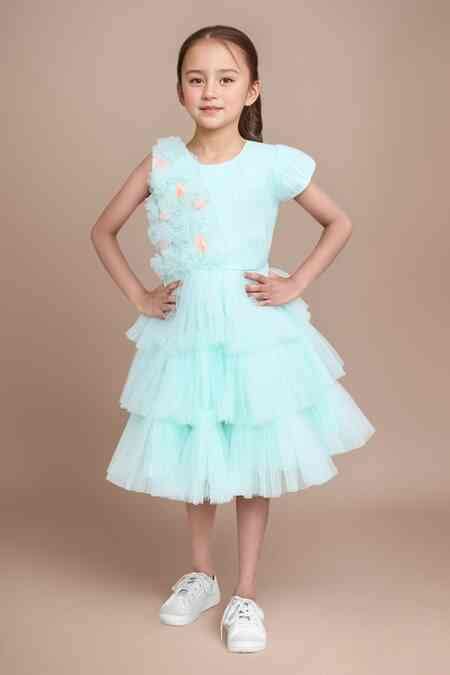 Buy Green Net, Satin Fabric Flowers Embellished Sleeveless Party Dress ...