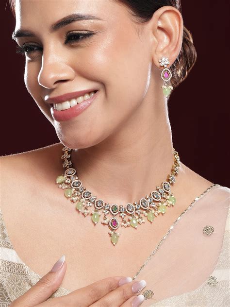 Rubans 22K Gold-Plated Kundan, Pink Stone & Green Beaded Jewellery Set