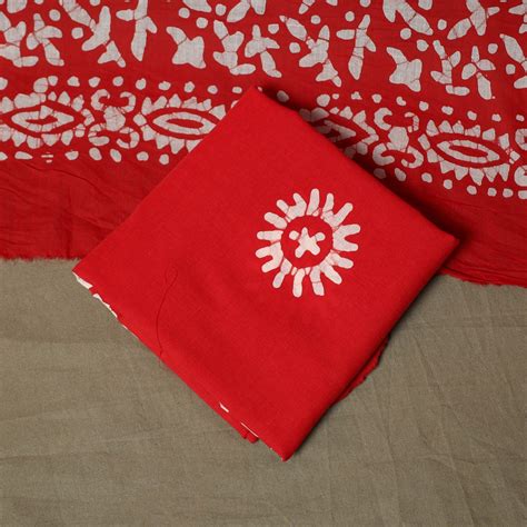 Red Hand Block Batik Print Cotton 3pc Unstitched Dress Material Suit Set
