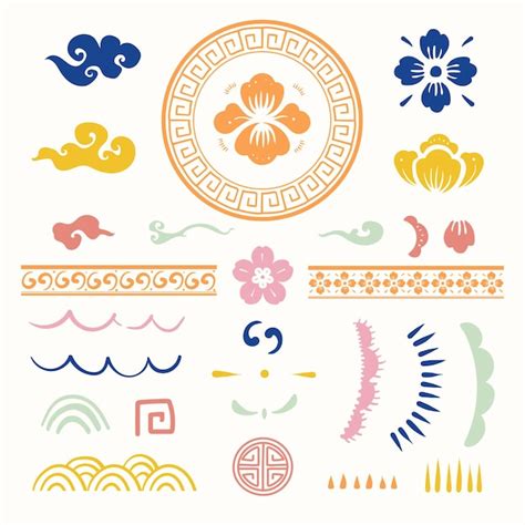 Colorful chinese traditional flowers vector type temporary tattoos set ...