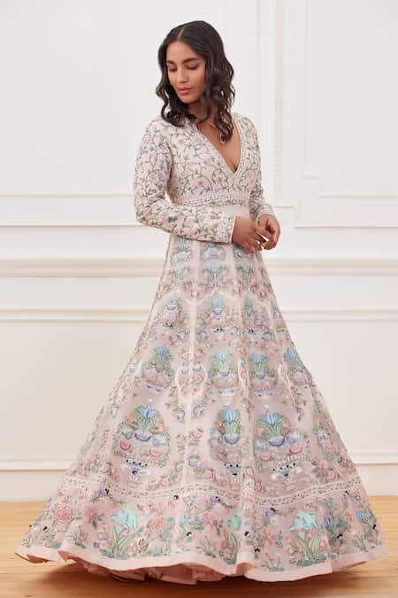 Buy Pink Shell- Silk Embroidered Floral Plunge V Gul-e-bahar Gown For ...