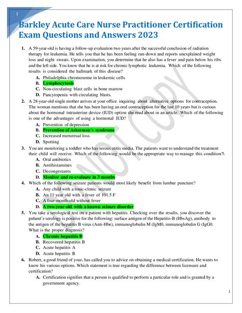 Barkley Acute Care Nurse Practitioner Certification Exam Questions and ...
