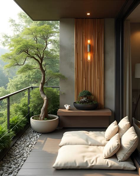 Modern Zen Balcony with Bamboo Fountain & Pebble Flooring | Apartment ...