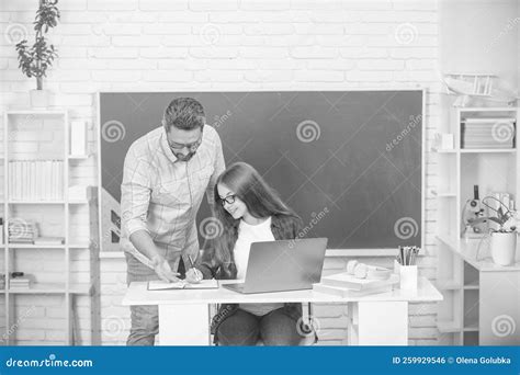 Father and Teen Girl Study. Private Teacher and Child at Computer ...