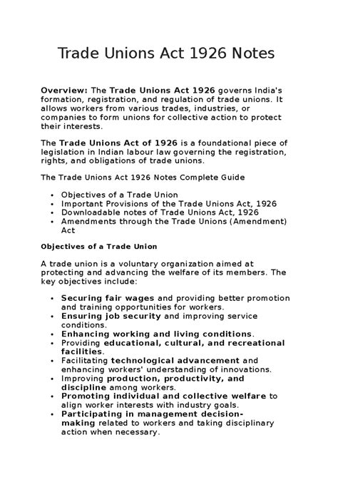 Trade Unions Act 1926: Comprehensive Study Notes and Guide - Studocu