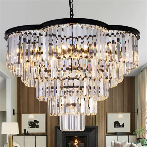 Wellmet Black Crystal Chandelier 30", Large Crystal Chandelier 5 Tier ...