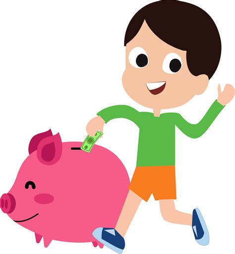 illustration of a boy putting a dollar bill in a piggy bank. concept of saving for children ... - illustration of money