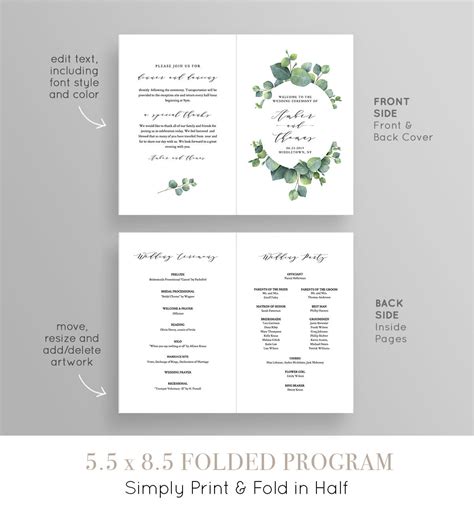 Folded Wedding Program Template, Printable Order of Service, INSTANT DOWNLOAD, 100% Editable ...