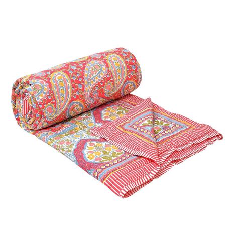 BLOCKS OF INDIA Hand Block Printed Cotton King Size Quilt (Red GAD Pai ...