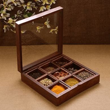 Homefrills Square Spice Box with Spoon in Sheesham Wood Multi-Utility ...