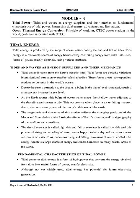 Renewable Energy Power Plant BME654B 2022 SCHEME: Tidal & OTEC Insights ...