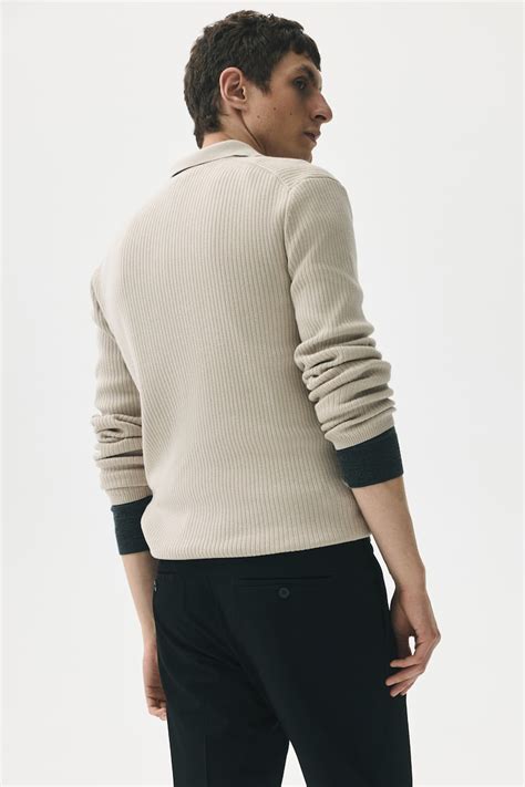 Slim Fit Rib-knit polo shirt - Light beige - Men | H&M IN