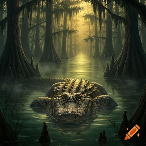A large alligator floats menacingly in a murky swamp surrounded by ...