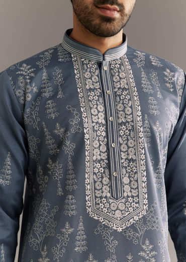 Grey Silk Kurta Set With Thread Work