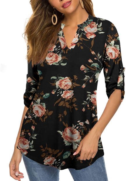FOLUNSI Womens Tunic Tops 3/4 Roll Sleeve Floral Printed V Neck Blouses ...