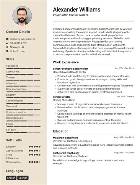 Psychiatric Social CV Example For 2026: Strategies & Templates - CVDesigner.ai