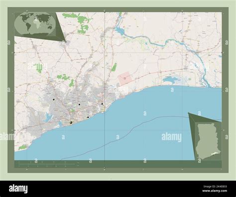Greater Accra, region of Ghana. Open Street Map. Locations of major ...