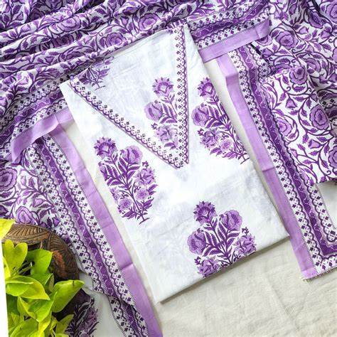 Diya-Pure Cotton Jaipuri White With Purple V Neck Suit – Sanskruti