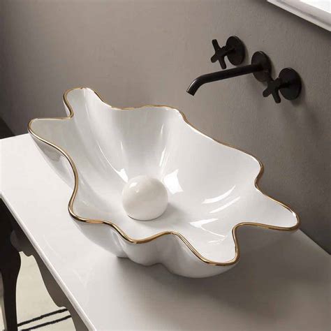 Modern white ceramic countertop basin Rayan gold edge, made in Italy
