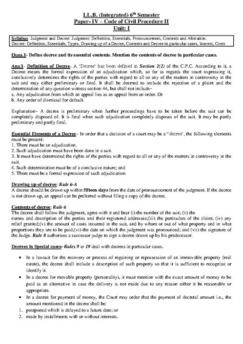 LL.B. (Integrated) 6th Sem IV Code of Civil Procedure II Unit I ...