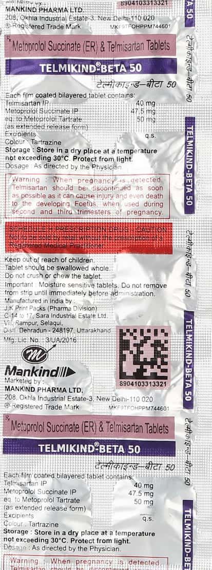 Telmikind-Beta 50 Tablet: Uses, Side Effects, Price, Dosage & More Info ...